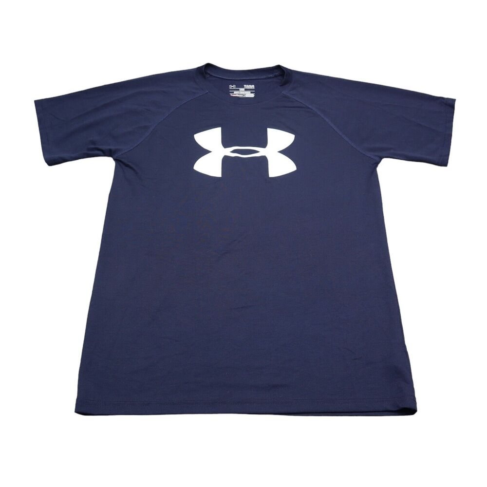 Under Armour Shirt Boys L Blue Short Sleeve Crew Neck Logo Polyester Casual Tee
